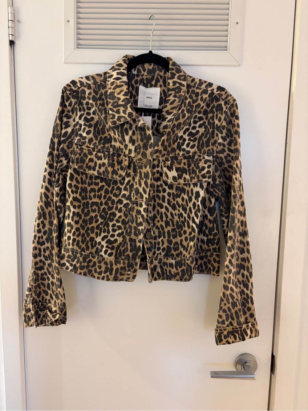 Mango Leopard Print Jean Jacket in Tan and Black Size L